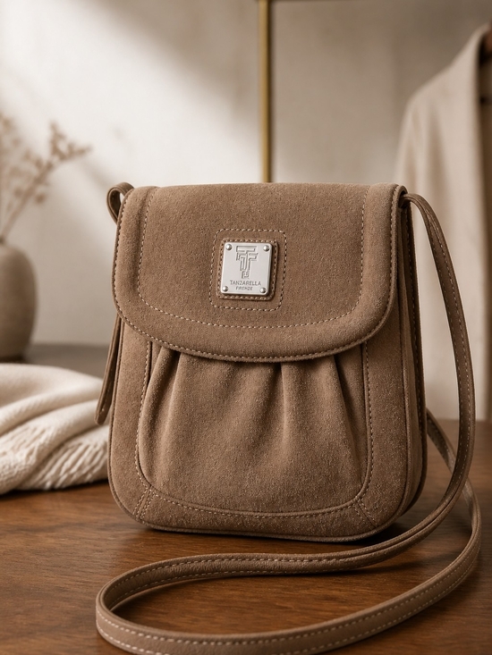 Tignanello Handbags - Tignanello Taupe Suede Crossbody Bag